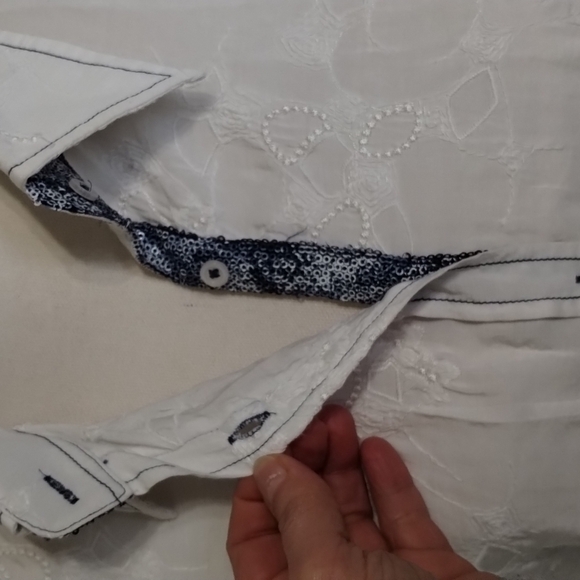 Georg Roth los Angeles Button Down Top white size large blue sequin embroidered - Picture 3 of 11